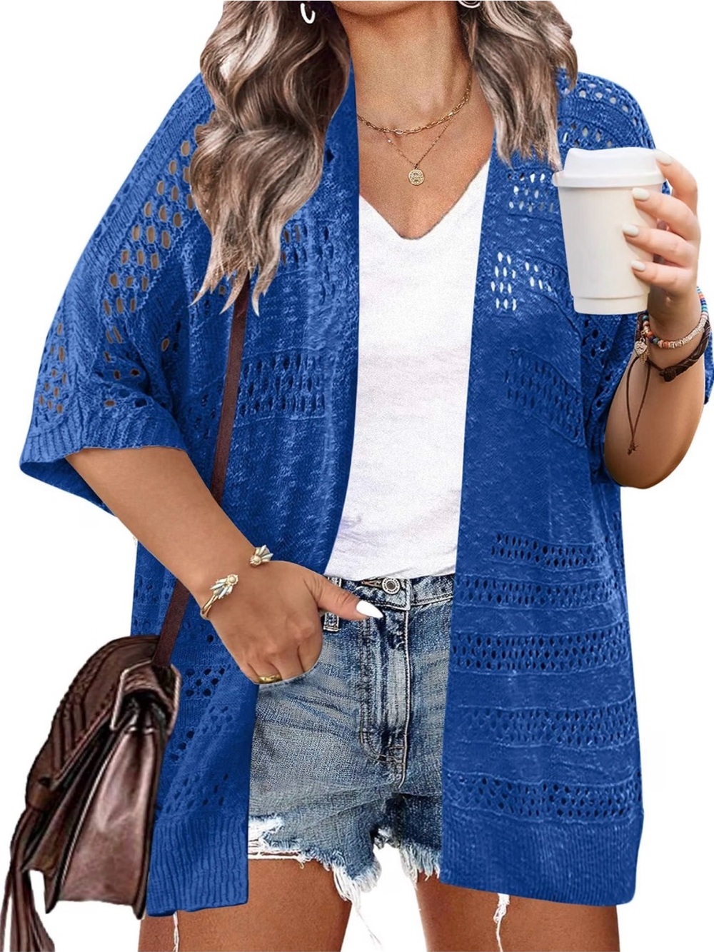 Blue Open-Knit Women's Sweater Cardigan